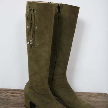 60s Gogo Boots Vintage Moss Green Suede Boots Penny Lane Boots Hippy Hippie Woodstock 