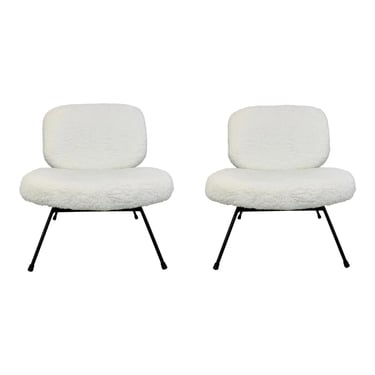 Mid-Century Modern Style White Faux Angora Slipper Chairs Pair