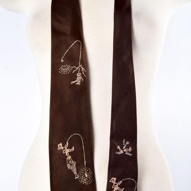 Countess Mara Vintage Necktie FISHING THEME Vintage 1960's, Mid Century, Brown Silk Panted Designer 1950's 