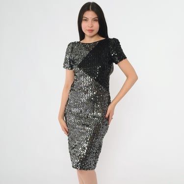 Vintage Sequin Party Dress 80s Silver Black Color Block Mini Formal Puff Sleeve Trophy Bodycon Dress 1980s Cocktail Evening Scoop Back Small 