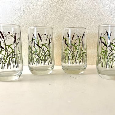 Vintage 70s Set of 4 Dragon Fly + Cat Tail Iced Tea Glasses by Beverly 