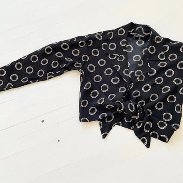 1990s Betsey Johnson Black Circle Print Tie Front Cropped Blouse 