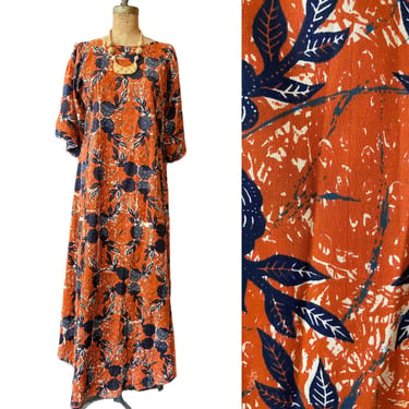 1970s kaftan, vintage maxi dress, orange and navy, block print cotton, bell sleeves, loungewear, muu muu, medium, tiki, ethnic print 