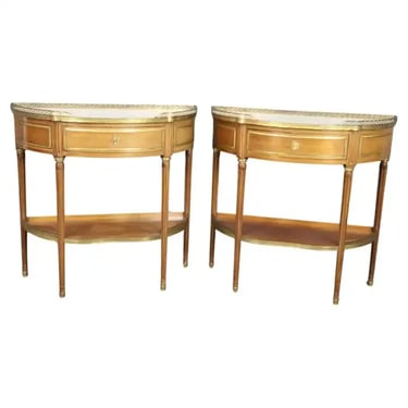Superb Pair of Marble Top Bronze Mounted French Demilune Console Tables