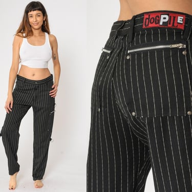 Vintage Y2K Dogpile Bondage Pants Black Pinstripe Cargo Pants 2000s Utility Streetwear Grunge Zipper Details High Waist 90s Men's 34 Medium 