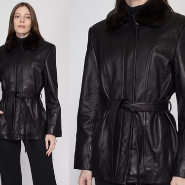 Small 90s Black Leather Faux Fur Collar Jacket | Vintage Liz Claiborne Belted Moto Jacket 