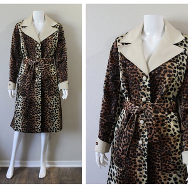 Vintage 1960s Lilli Ann Leopard Belted Trench Coat Jacket // Modern Size Med Lg  US 6 8 10 