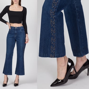 90s Embellished Kick Flare Jeans - Medium, 31" | Vintage Metallic Scrolled Dark Wash Denim High Waist Jeans 