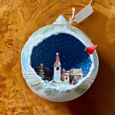 Handmade Porcelain Ornament w/ Mini Diorama of Christmas Village 