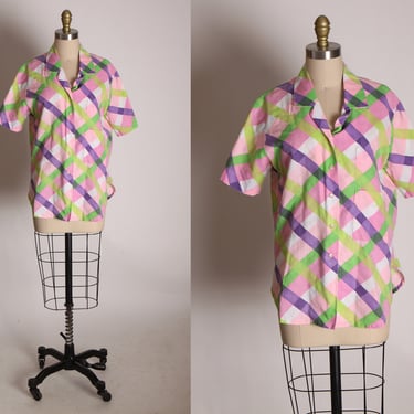 1960s Pink, Purple, Green and White Plaid Short Sleeve Button Up Shirt Blouse -L 