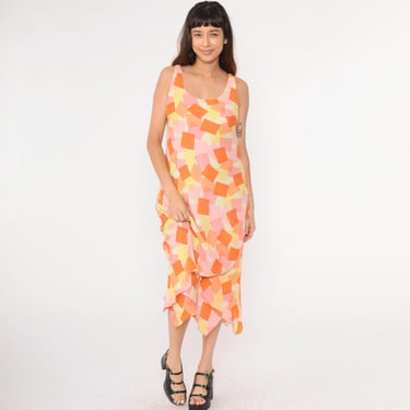 Y2K Geometric Dress Asymmetrical Hanky Hem 00s Vintage Shift Sleeveless Retro Summer Orange Pink Yellow Scoop Neck 2000s Patterned Large 12 