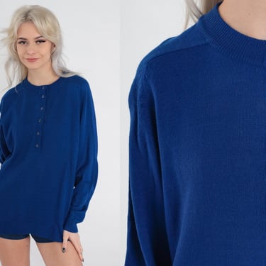 Blue Henley Sweater 80s Knit Button Up Pullover Sweater Retro Basic Preppy Plain Solid Minimalist Knitwear Top Vintage 1980s Acrylic Medium 