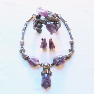 1940's William Spratling Style Taxco Mexico Amethyst Tulips Hands Necklace Bracelet and Earrings Set 