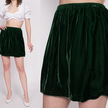 60s Green Velvet Mini Skirt - Medium | Vintage Jewel Tone High Waisted A Line Skater Miniskirt 