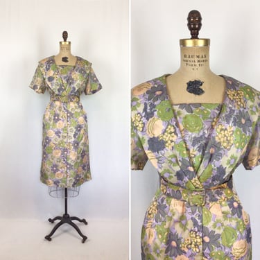 Vintage 50s dress | Vintage floral silk wiggle dress | 1950s Leslie Fay cocktail dress 