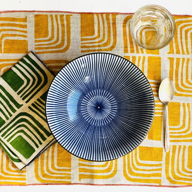 Retro design mustard yellow linen placemats, hand printed linen 