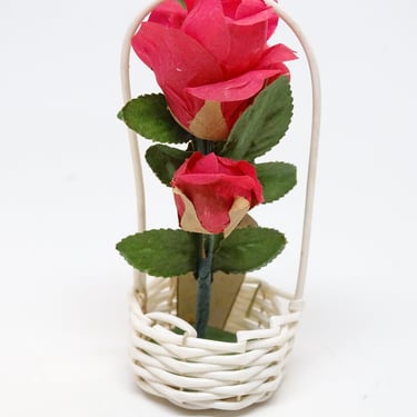 Vintage Woven Basket with Roses Candy Container Place Card, Party Favor 