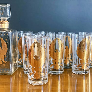 Gay Fad mid century glass barware Decanter set w/ 4 highball cocktail glasses Gold federal American eagle Patriotic home bar decor 