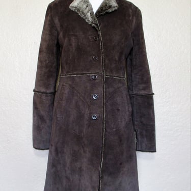 Fur Lined Coat, Vintage 1990s Express, Brown Leather, Faux Fur Lined, Small Women, Sherpa Coat 
