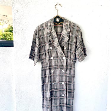 Vintage 70s 80s Linen Plaid Dress Japanese Menswear Woven Plaid Checkered Double Breasted Suit Dress 