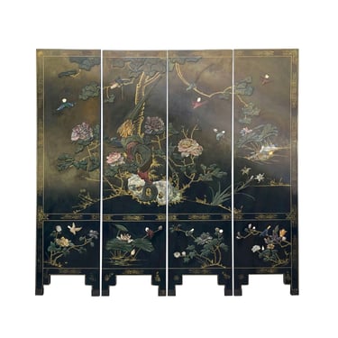 Mixed Color Stone Flower Birds Inlaid Black Lacquer Wood Floor Screen Divider cs7266E 
