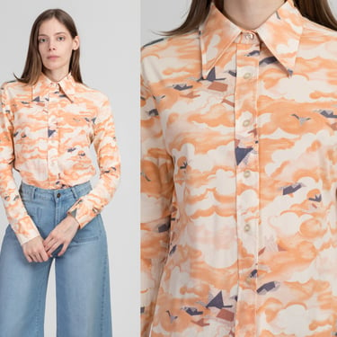 70s Clouds & Paper Cranes Button Up Top - Medium | Vintage Elles Belles Long Sleeve Pointed Collar Novelty Print Shirt 