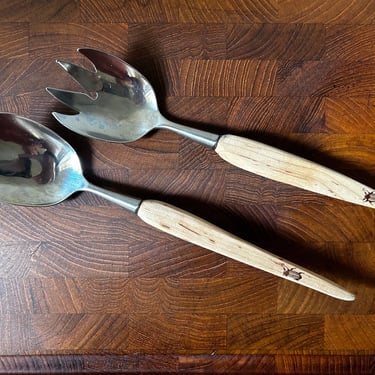 Vintage Swedish Leafwood Serving spoons, Made in Norway, Mid Century Serving Utensils, Norwegian Leafwood Handle Salad Servers 