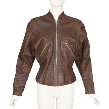 Thierry Mugler 1980s Vintage Brown Pebbled Leather Motorcycle Jacket 