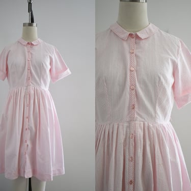 1950s Pink and White Seersucker Shirtwaist Dress 