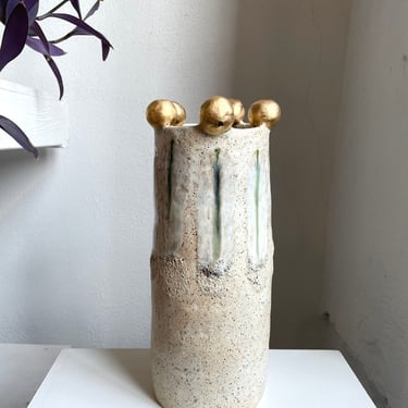 Tall Cylinder Ceramic Vase with Golden Adorned Rim, The Object Enthusiast, One-of-a-kind ceramic art decoration for the home, flower vase 