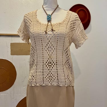 1970s Handmade Woven Cream Short Sleeve Indie Semi Sheer Crocheted Top 