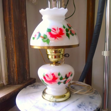 VINTAGE Lamp, Hand Painted Floral Milk Glass, GWT Style, Farmhouse Decor 