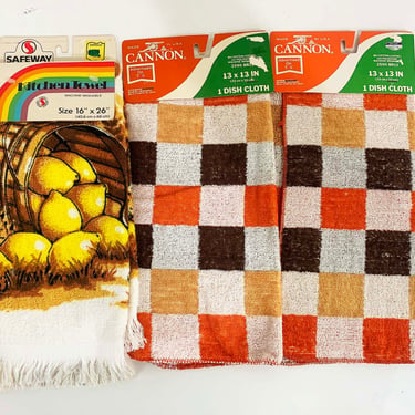 Vintage Kitchen Hand Towel Dish Orange Brown White Checkered Lemons Cannon Safeway NOS Deadstock Set of 3 1970s 