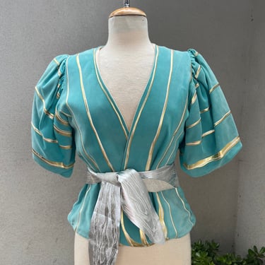 Vintage Terry & Toni art to wear teal suede jacket top hand painted  gold silver Sz XS plus belt 