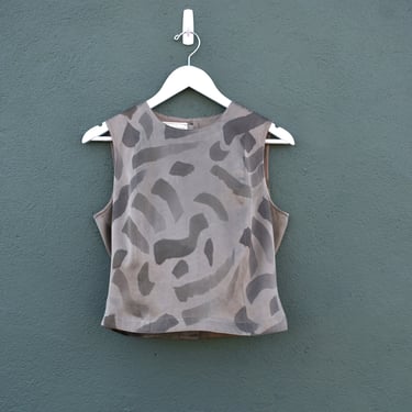 hand painted silk crop top, vintage button back blouse 