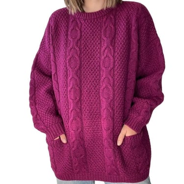 Vintage Hand Knit LL Bean Womens Magenta Pink Wool Fisherman Chunky Sweater Sz M 