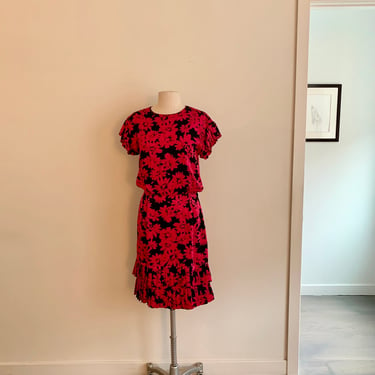 Flora Kung-red & black floral jacquard print silk ss dress-size 4 