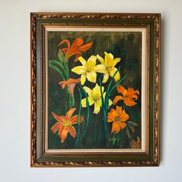 1970's Vintage B. Glazer Daylilies Floral Still Life Oil On Canvas Painting, Framed 