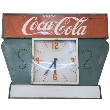 Large 4' Foot Coca-Cola Light Up Steel Marquee Clock, Circa 1960 