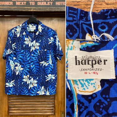 Vintage 1950’s “Harper” Cotton Floral Tiki Loop Collar Rockabilly Hawaiian Shirt, 50’s Vintage Clothing 