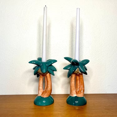 Vintage 80s Pair of  Ceramic Palm Tree Candlestick Holders 