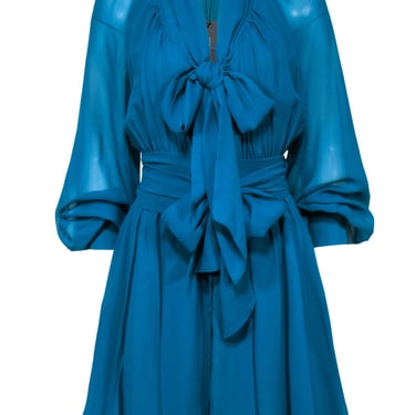 Rachel Zoe – Teal Blue Silk Dress w/ Tie Around Neck Sz 10