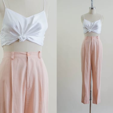 high waisted pants | 80s 90s vintage Liz Claiborne pastel peach blush pink cottagecore straight leg linen trousers 