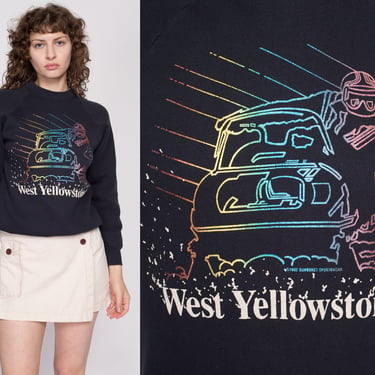 Medium 90s West Yellowstone Snowmobile Sweatshirt | Vintage Black Raglan Sleeve Montana Racing Graphic Crewneck 