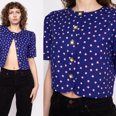 80s Blue Polka Dot Puff Sleeve Crop Top - Medium | 1940s Style Button Up Short Sleeve Cropped Blouse 
