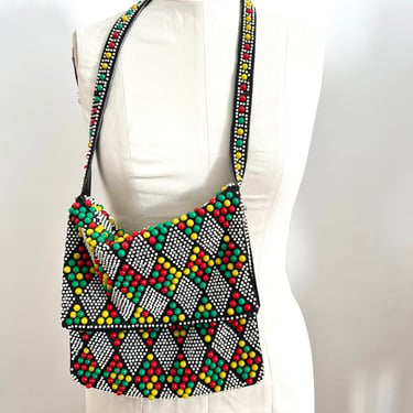 Vintage 60s 70s Beaded Purse Candy Dots Purse Handbag / Hippie Boho Cross Body / 1960s 1970s / Native American Southwestern Multi Colored 