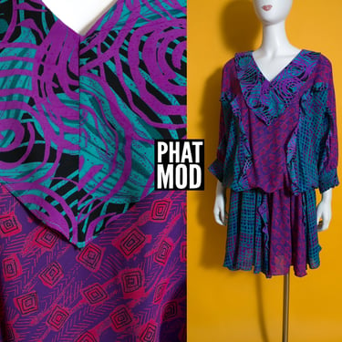 Outrageous Vintage 70s 80s Teal, Purple, Magenta Abstract Patterned Oversized Style Ruffle Dress 
