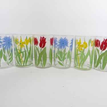 Vintage Hazel Atlas Swanky Swigs Juice Glasses - Set of 6 Vintage Painted Flowers Glass Juice Tumblers 