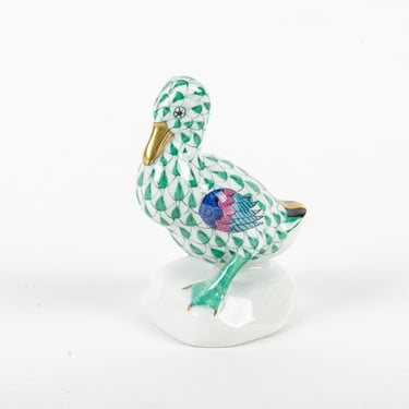 Small Herend figurine Green Fishnet Duck, Luxury porcelain made & hand-painted in Hungary, Miniature duckling shelf decor 