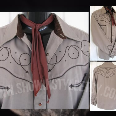 Roper Vintage Retro Western Men's Cowboy and Rodeo Shirt, Khaki/Gray with Rope Design & Longhorn, Tag Size XL (see meas. photo) 
